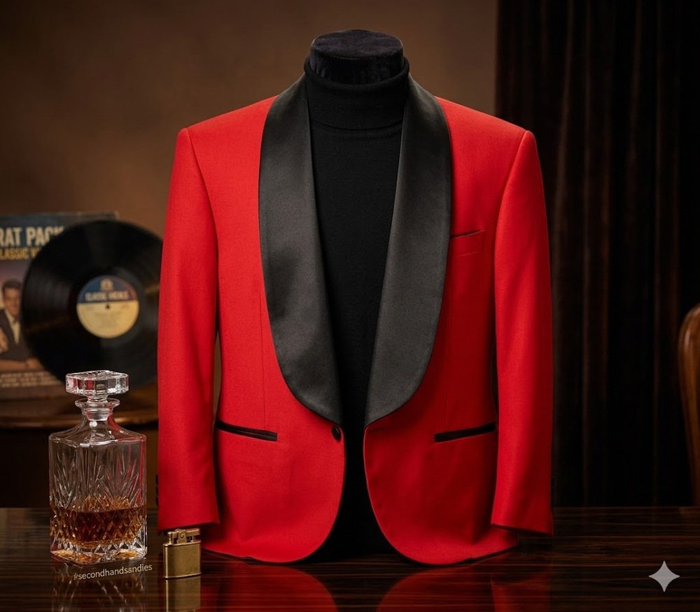 Custom Made Red Smoking Jacket Black Piping Lapel Mens XL Shoulder Pads